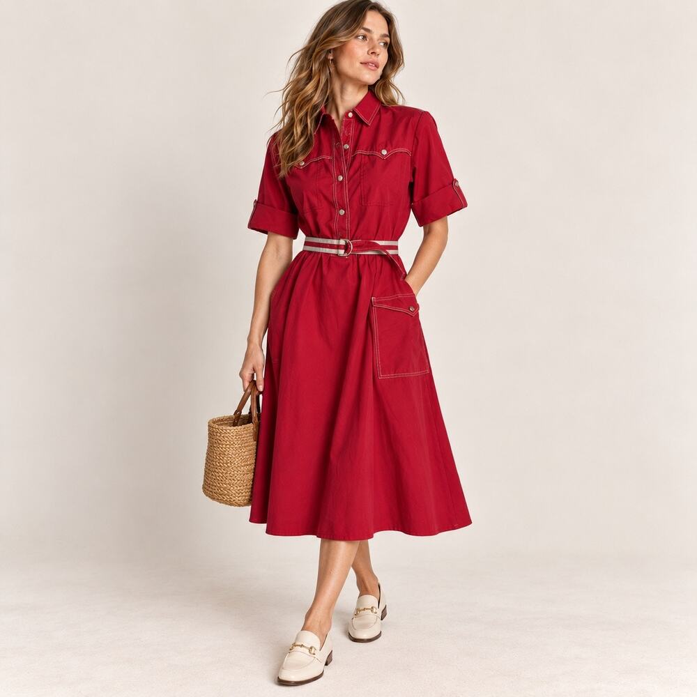 Vintage 70s 80s Red Western Shirt Dress Belted Cowgirl Rodeo M/L